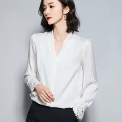 2019 новые весенние женские рубашки с широким рукавом вышивка v-образный вырез Render Brim OL Блузка рубашка белый 8621
