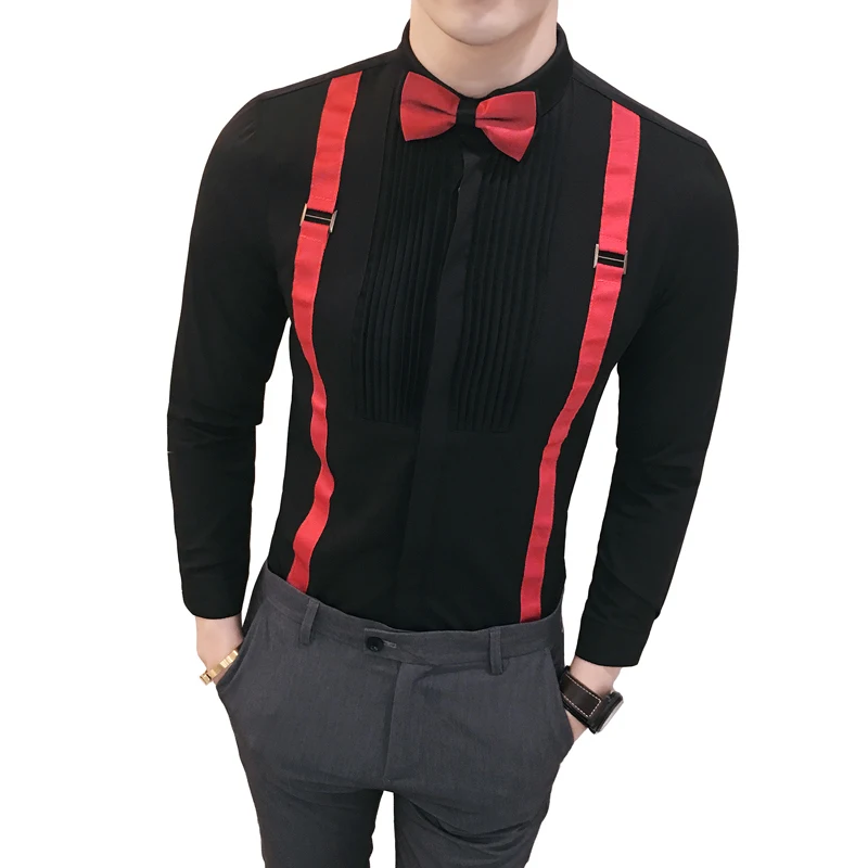 Bow Tie Work shirt 2017 Fashion Designer Male Shirt Slim Fit Black