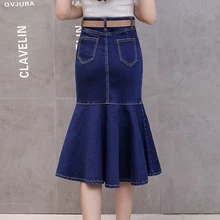 Новинка, женская джинсовая юбка с оборками, тонкая, высокая талия, посылка, бедра, хвост, длинные юбки, синие, черные, 908