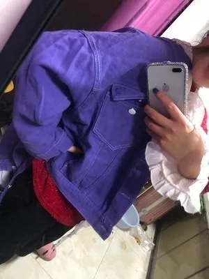 lower price Streetwear Oversize Denim Jacket For Women Casual Candy Color Purple Bomber Jeans Coat BF Style Loo