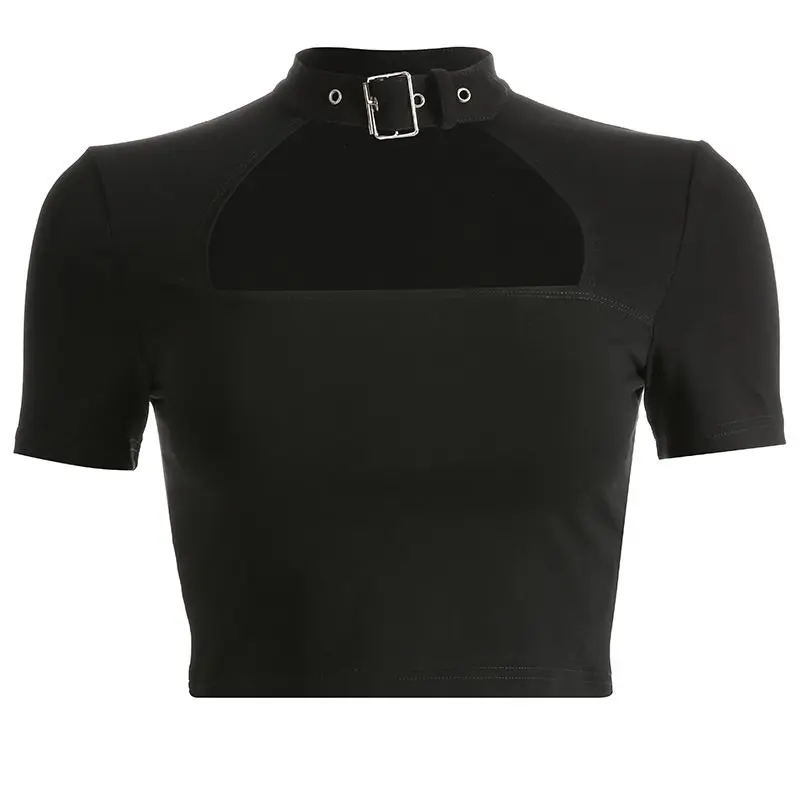 

t shirt Women Casual Black Gothic Sexy Club Punk Harajuku Short Tops Slim Plain Hollow Streetwear Female Fashion Lady T-shirt