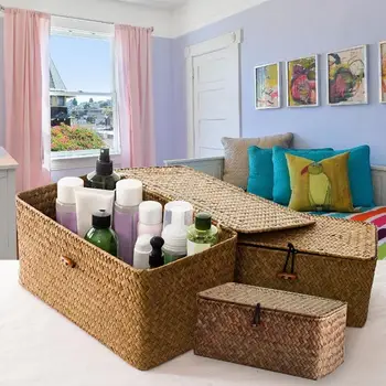 

2PCS Straw Storage Container Natural Water Hyacinth Bins Rectangular Basket Cosmetic Desktop Toys Organizer