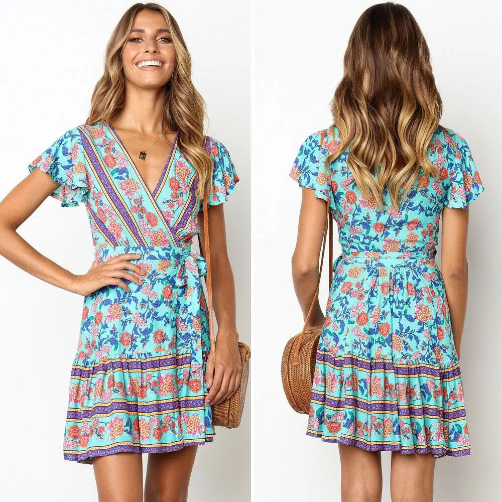 

Women Boho Floral Short Dress Evening Party Beach Dresses Sundress Summer Short Sleeve Print Mini Dress