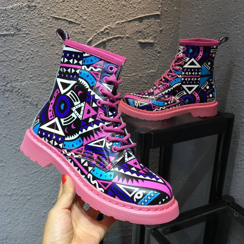 

2018 Shoes Woman Leather Graffiti Ankle Boots Square Toes Lace-up Mixed Color Boots Woman zapatos de mujer