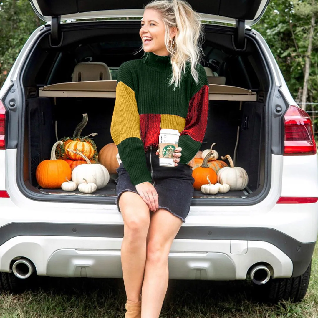 

Patchwork Winter Knitted Sweater Warm Sweater Women Female Turtleneck Pullovers Sweaters Elasticity Women Casual Knit Tops Tops