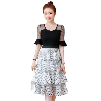 

New Dress Female 2019 Summer Short-Sleeved Long Black Falbala Dresses Korean Fashion Vestidos Lady Outfit Chiffon Clothes
