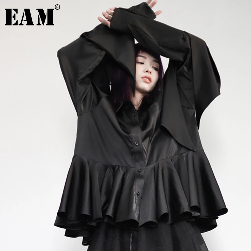 

[EAM] 2019 Spring Woman New Black Color Long Sleeve Turn-down Collar Single Breasted Spliced Ruffled Pleated Loose Shirt LI480