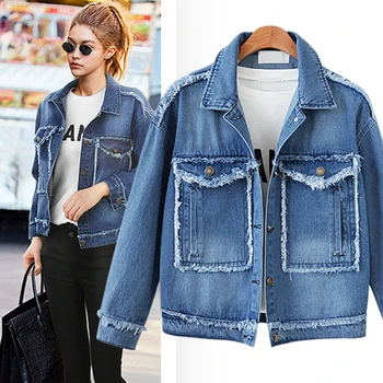 

Large size 5XL 2018 Autumn Winter Women Denim Jacket Long Sleeve Short Jeans Coat For Women Burrs Big Pocket Plus Size Outwear