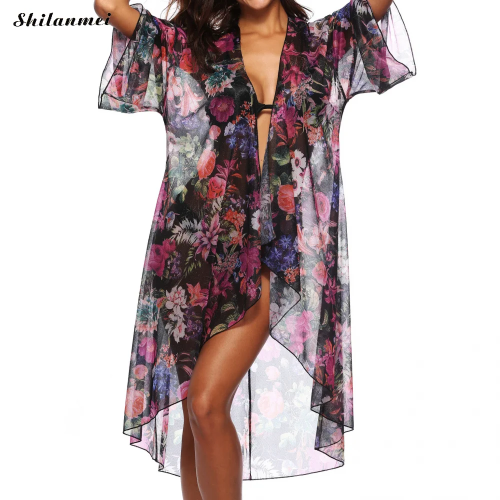 

Vintage Beach Kimono Cardigan Women Blouses Floral Print Chiffon Loose Shawl Tops Swim Cover Up Batwing Sleeve Boho Blusas Femme