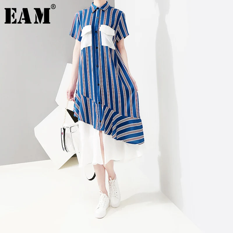 

[EAM] 2019 New Spring Summer Lapel Short Sleeve Blue Striped Hem Pleated Chiffon Stitch Shirt Dress Women Fashion Tide JU287