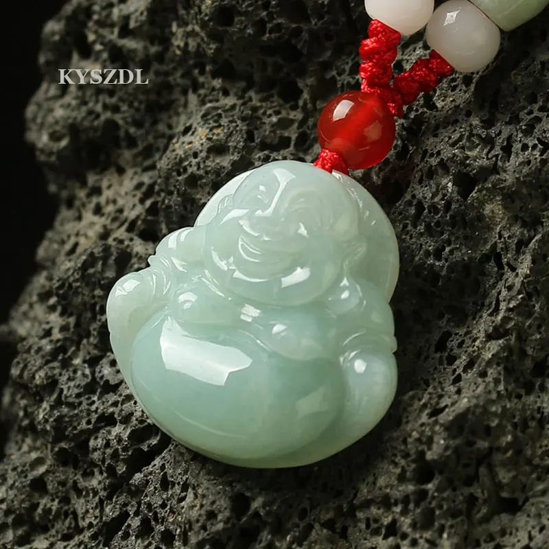 

KYSZDL Natural Burma stone pendant Hand Carved stone Buddha Maitreya Buddha Pendant Necklace men's pendant for gift
