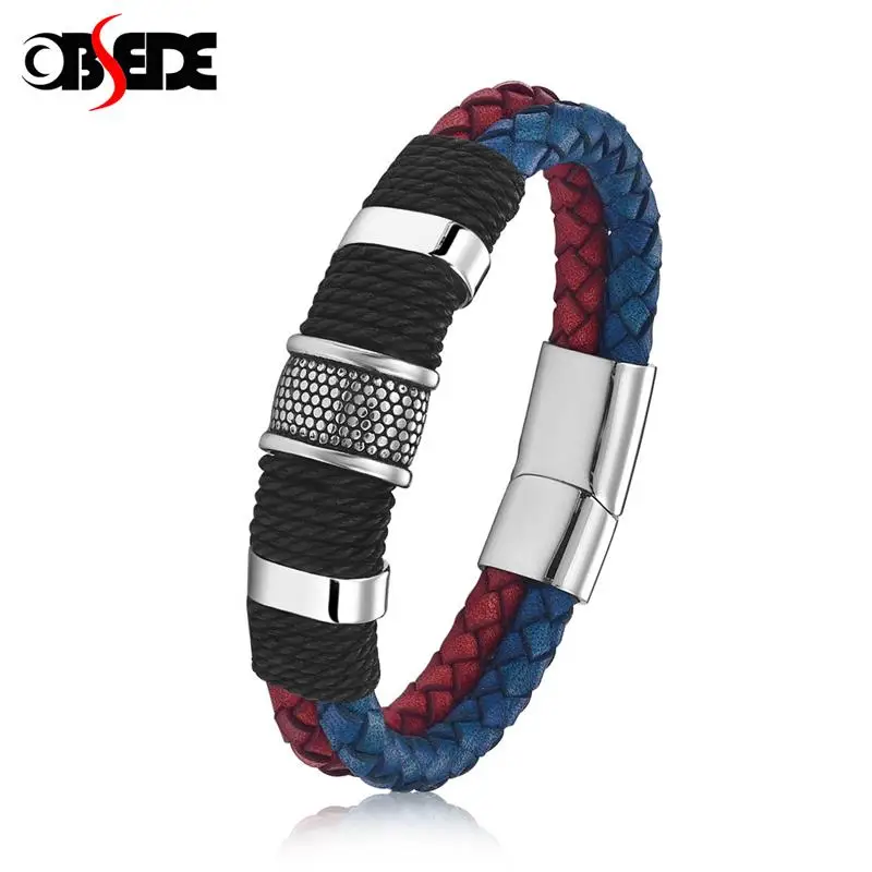 

OBSEDE Men's Genuine Leather Bracelet Stainless Steel Magnetic Clasp Woven Bangle Fashion Punk Male Wrist Band Jewelry