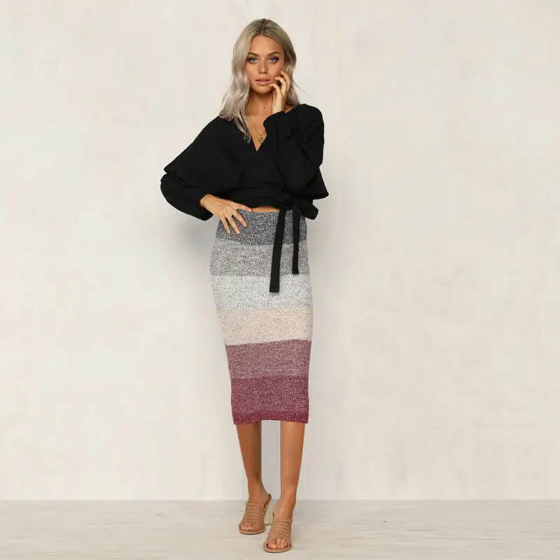 

Women Multicolor Autumn Winter Woolen Skirt Elastic Waist Pencil Skirt Female Vintage Hight Waist Mid-Caif Skirt Femme Plus Size