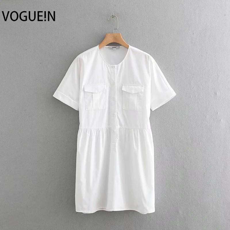 

VOGUEIN New Womens Casual Summer White O-Neck Pockets Short Sleeve Mini Dress Wholesale