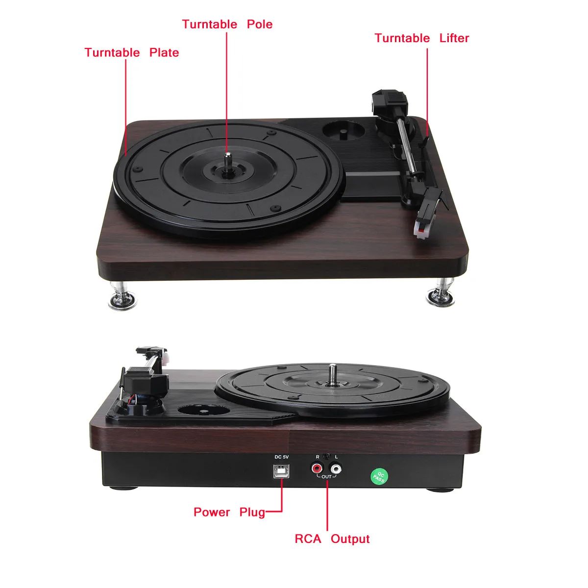  Wood Color Record Retro Player 33RPM Portable Audio Gramophone Turntable Disc Vinyl Audio RCA R/L 3
