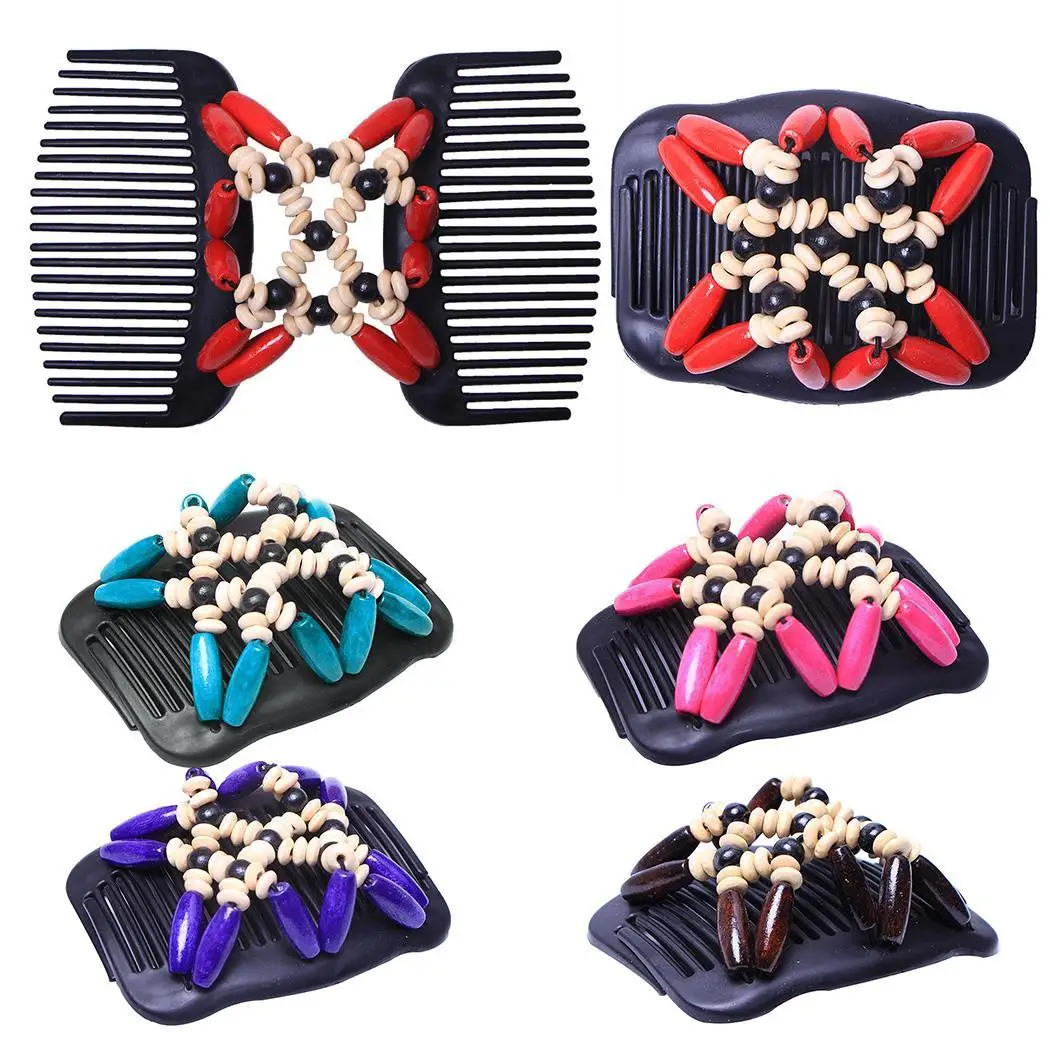 Women Hair Comb Wood Beaded Stretchy Set of Double Row Clips Hair Slide