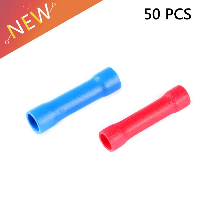 

50pcs Insulated Straight Butt Connectors Electrical Crimp Wire Cable Terminals Set BV2 BV1.25 Full Insulating Wire Connector