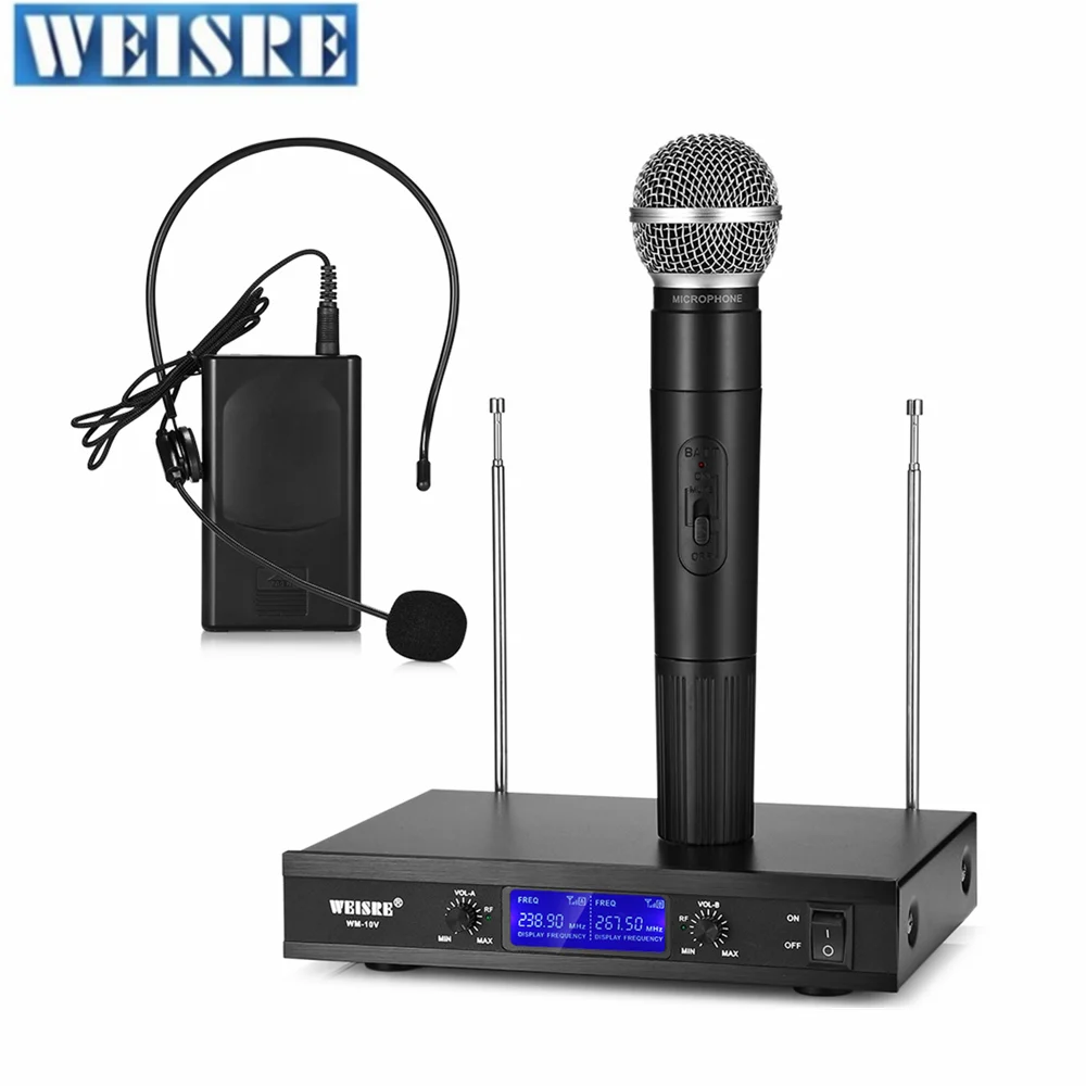 

WEISRE WM 10V A-B Wireless Sensitive Condenser Cardioid Microphone Handy with Head-wearing W Receiver Karaoke Party