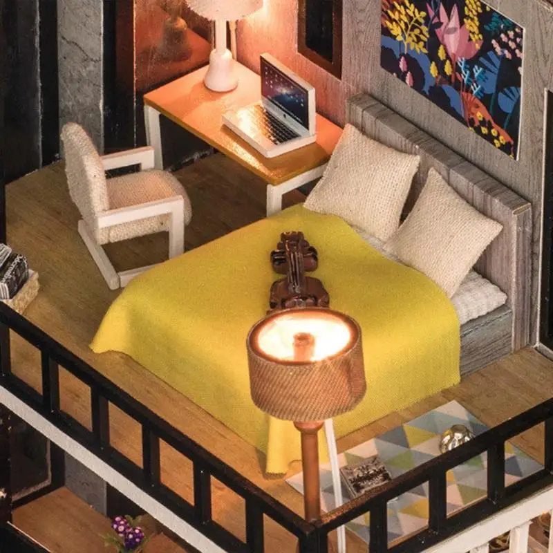 DIY Model Wooden Miniature Doll House Furniture Handmade Building Blocks Gift Toys Doll House Wooden Miniature DIY Dollhouse Kit