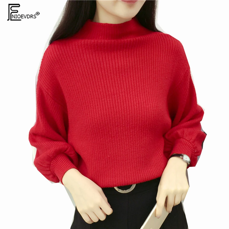 

Winter Basic Pullovers Sweaters Hot Women Fashion Lantern sleeve Cute Half Turtleneck Top Red Gray Black White Knit Sweater D126