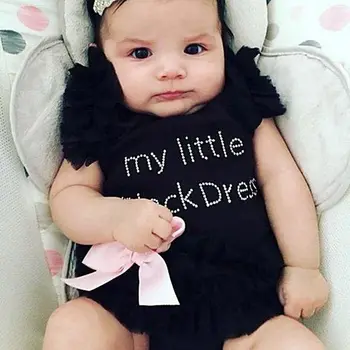 

Sleeveless "My Little Black Dress" Print Ruffled Tulle Romper For Baby Girl