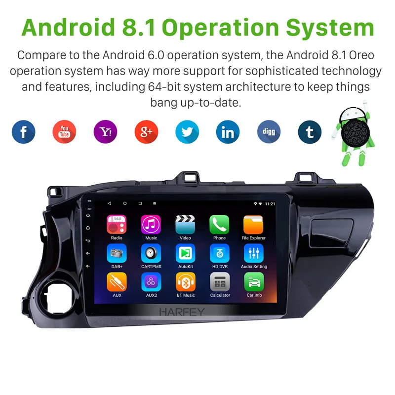 Clearance Harfey 10.1" Android 8.1 GPS Navi for 2016-2018 TOYOTA HILUX Left hand Driver Bluetooth USB FM SWC support DVR Rearview Camera 1