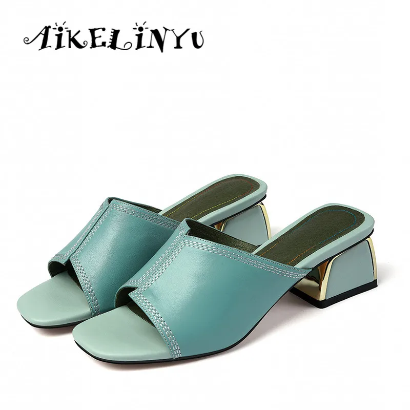 

AIKELINYU Women Shoes Summer Genuine Leather Thick High Heel Shoes Concise Ladies Casual Open Toe Outdoor Slippers Female White
