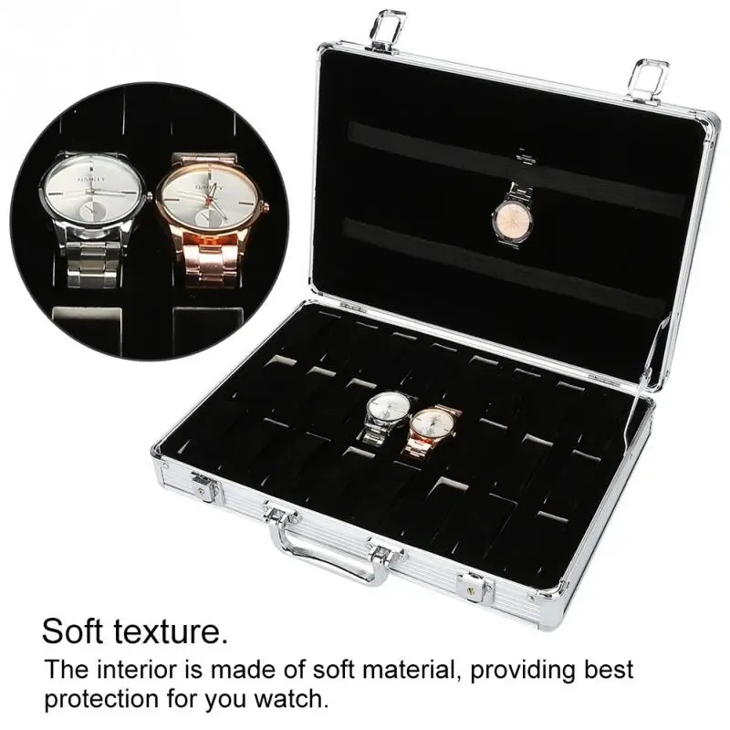 

24 Grids Aluminum Alloy Suitcase Watch Display Storage Box Watch Organizer Case Makeup Tools Kits