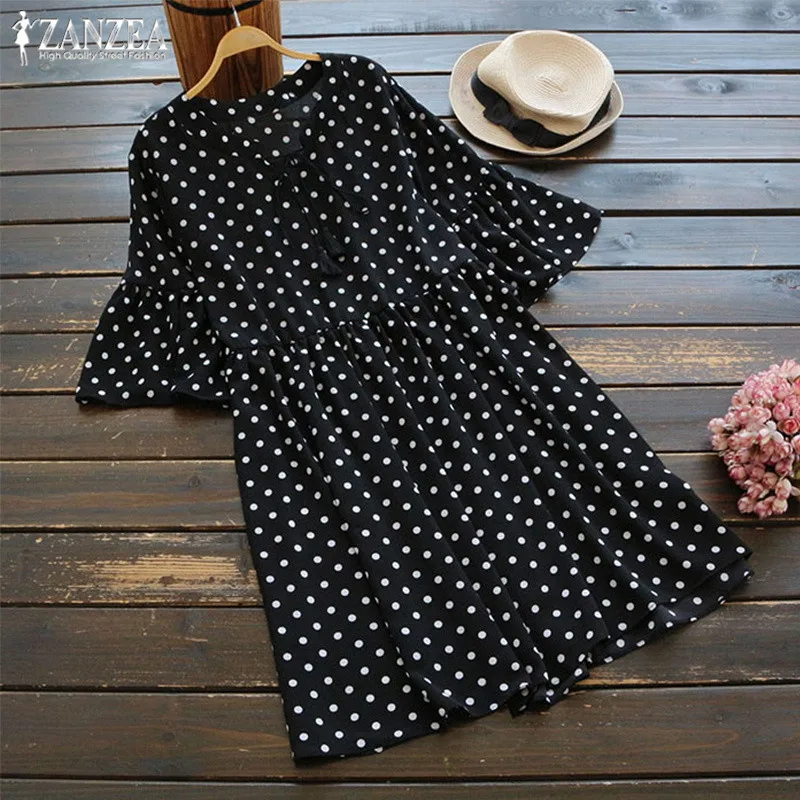 

Casual Summer Mini Dress Women's Sundress Female Dot Polka Print Shirt Dress Stylish Ruffle Sleeve Short Vestidos Plus Size Robe