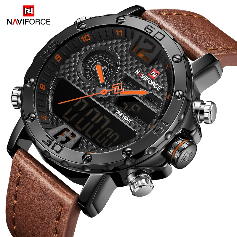 NAVIFORCE Top Brand спортивные часы Для мужчин кожаный ремешок Водонепроницаемый двойной