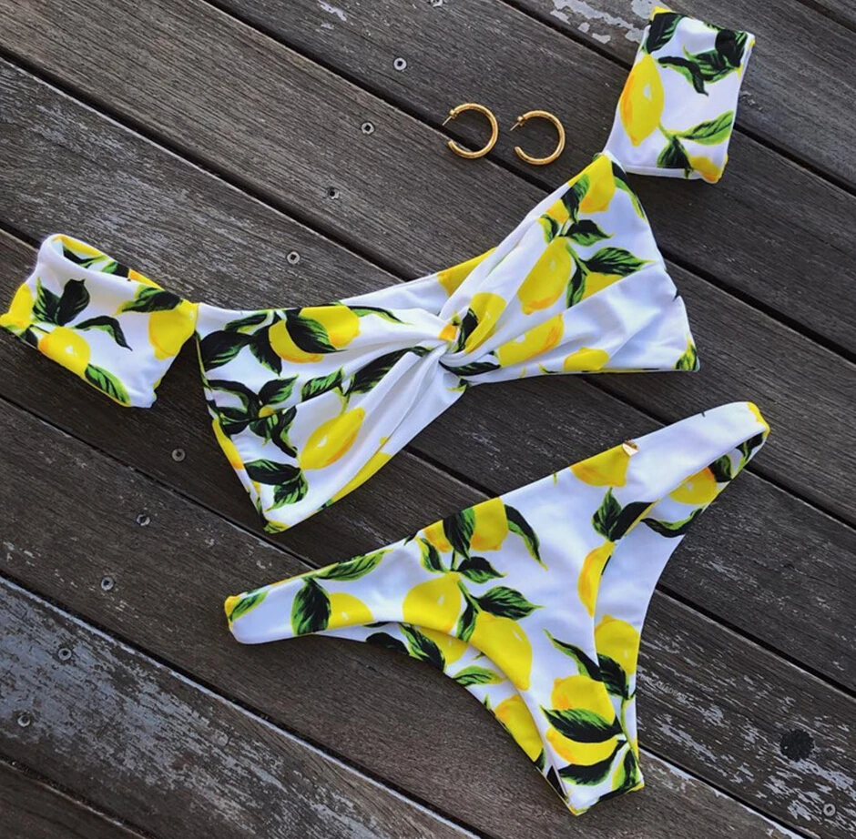 

2019 Women Two-piece Lemon Swimwear Ladies Bandage Bikini Set Push-up Padded Bra Bathing Suit Swimsuit New