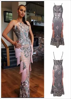 

High Quality Celebrity Blue Pink Tassel Long Elegant Evening Party Dress