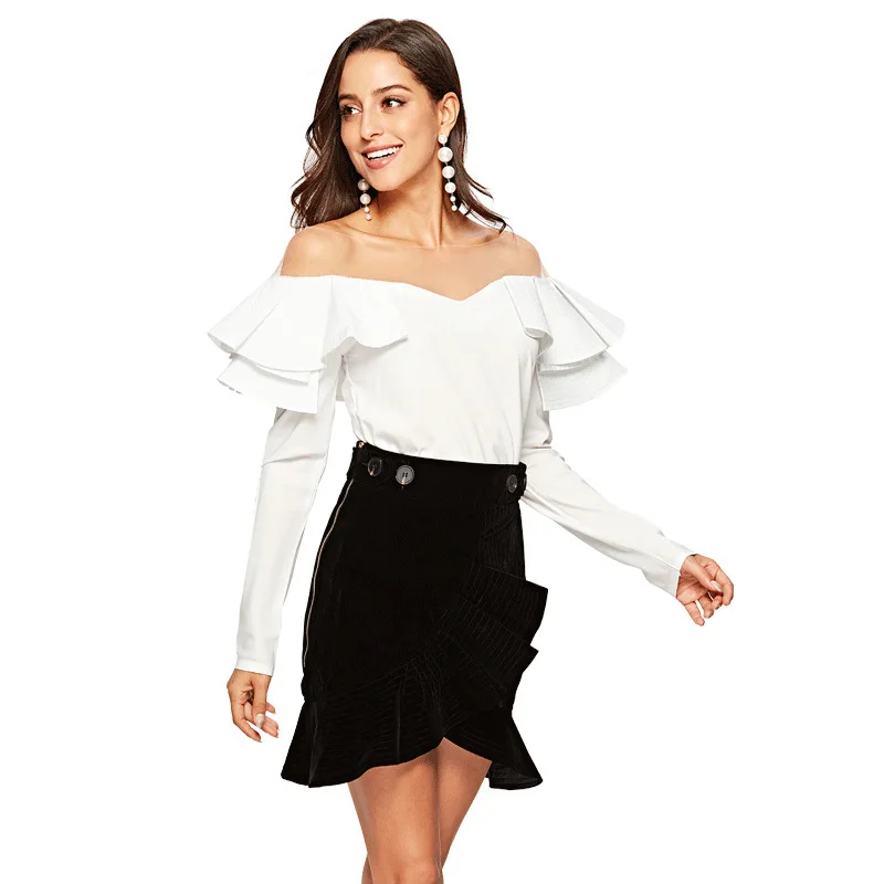 

2018 Winter Sexy Off Shoulder Women Blouse Shirt Runway Designer Ruffles V Neck Ladies Formal Party Blouses Tops Clothing