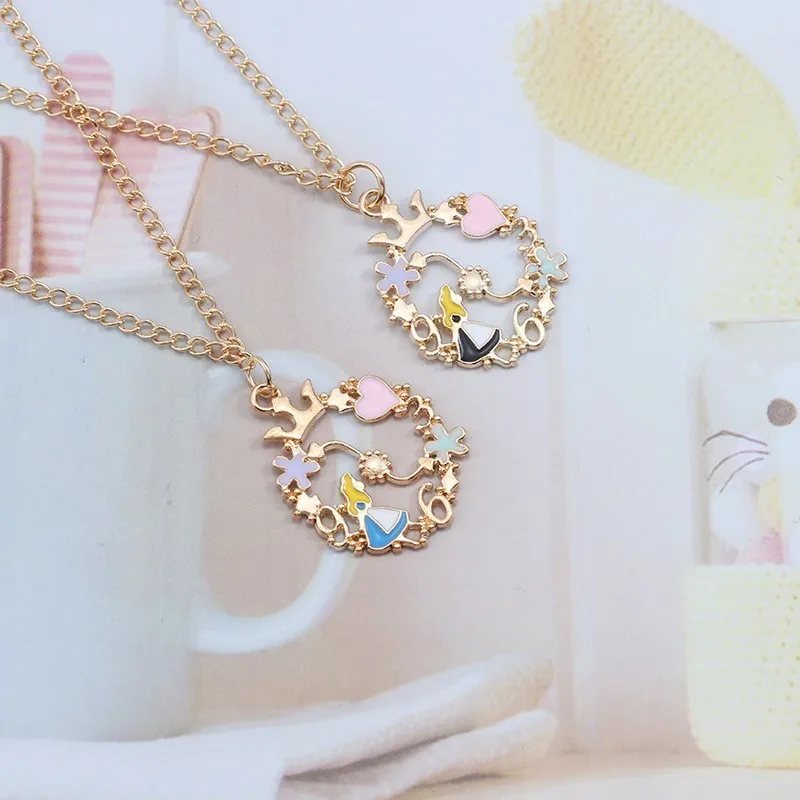 Alice In Wonderland Necklace Women Jewelry Chain Enamel Flower