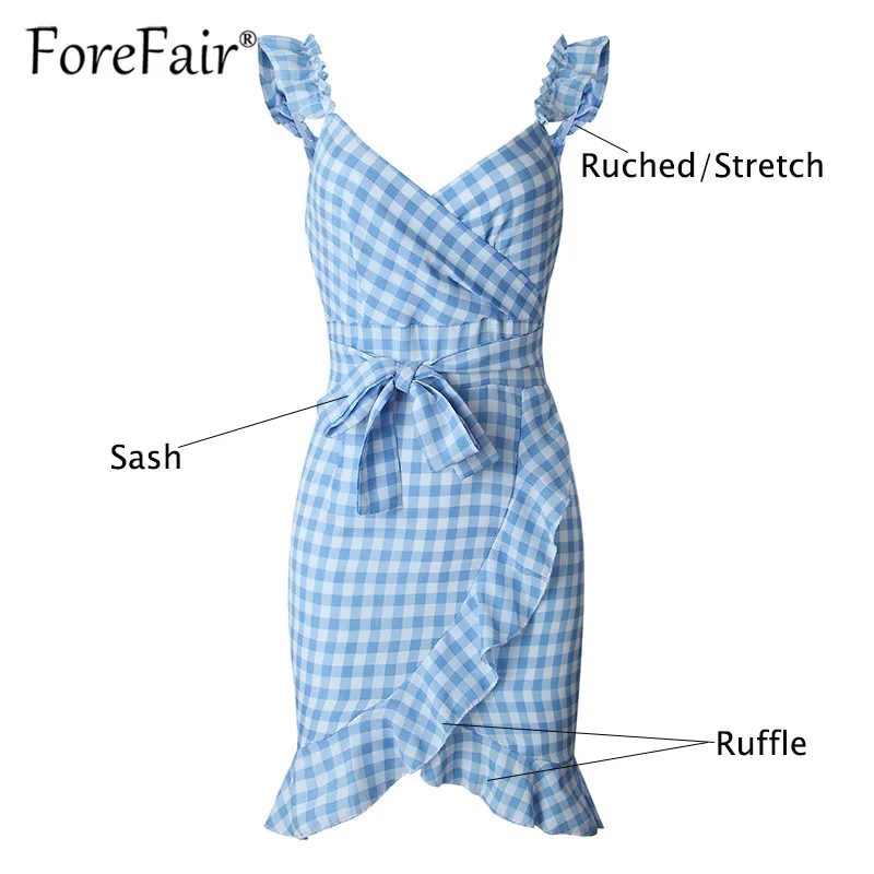 Forefair, женское повседневное клетчатое платье, винтажное, с оборками, с открытой спиной, с запахом, сексуальные платья, без рукавов, с v-образным вырезом, с завязками на талии, мини, летнее платье