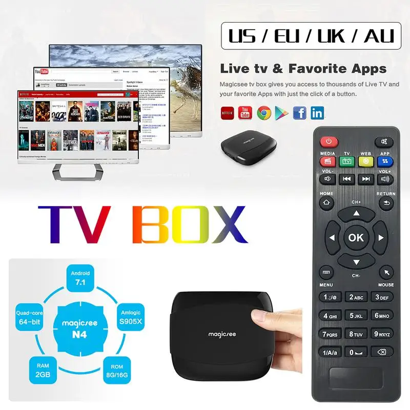 

Magicsee N4 Amlogic S905X Android 7.1 2 Network Set Top Box UHD 4K 60fps TV Box HD Bluetooth V4.1 Network Player