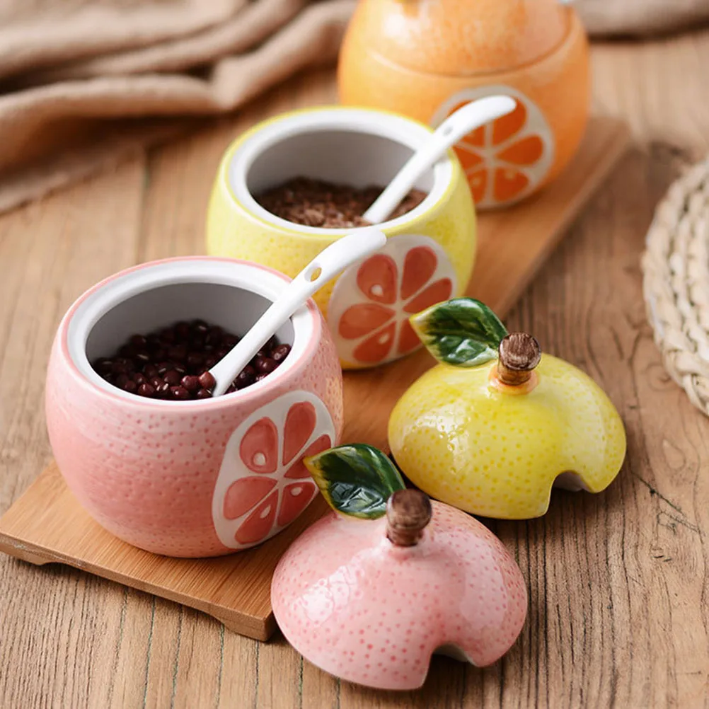 

1PC/Set Fruit Shaped Ceramic Food Storage Porcelain Condiment Container Spice Jar with Spoon Lid for Seasoning Coffee Sugar