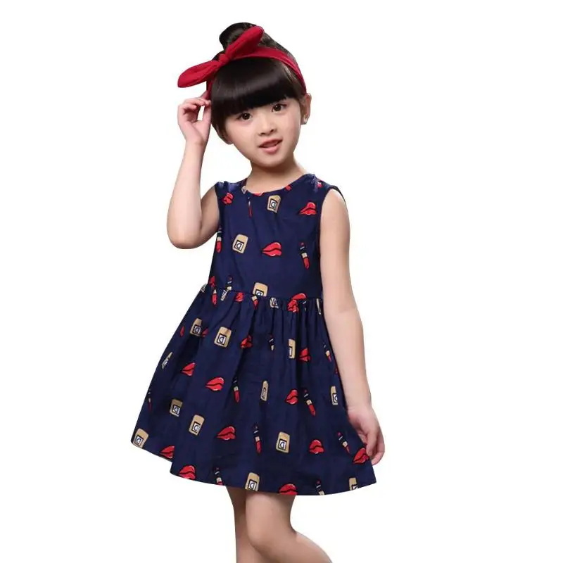 

Summer Grils Dress Cute Cartoon Printed Dress Sleeveless Print Breathable Cotton O-Neck High Waist Dresses Girls Clothing