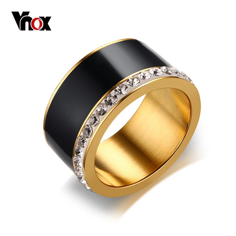 

Vnox 11mm Unique Black Rings for Women Bling CZ Stones Stainless Steel Stylish Engagement Wedding Ring Female Jewelry