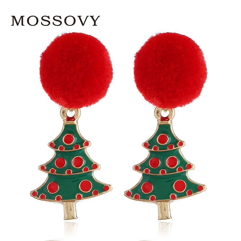 

Mossovy Christmas Evergreen Tree Red Plush Ball Dangle Earrings for Female Fashion Popular Earring for Women Jewelry Oorbellen