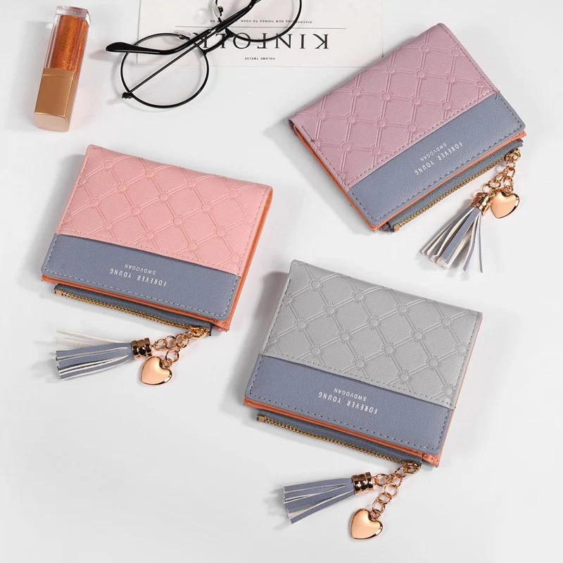 

2019 New Money Bag Letter Double Color Leather Wallets Euro Card Holder Tassel Zipper Purse Pink Girls Women Womens Wallet Gifts