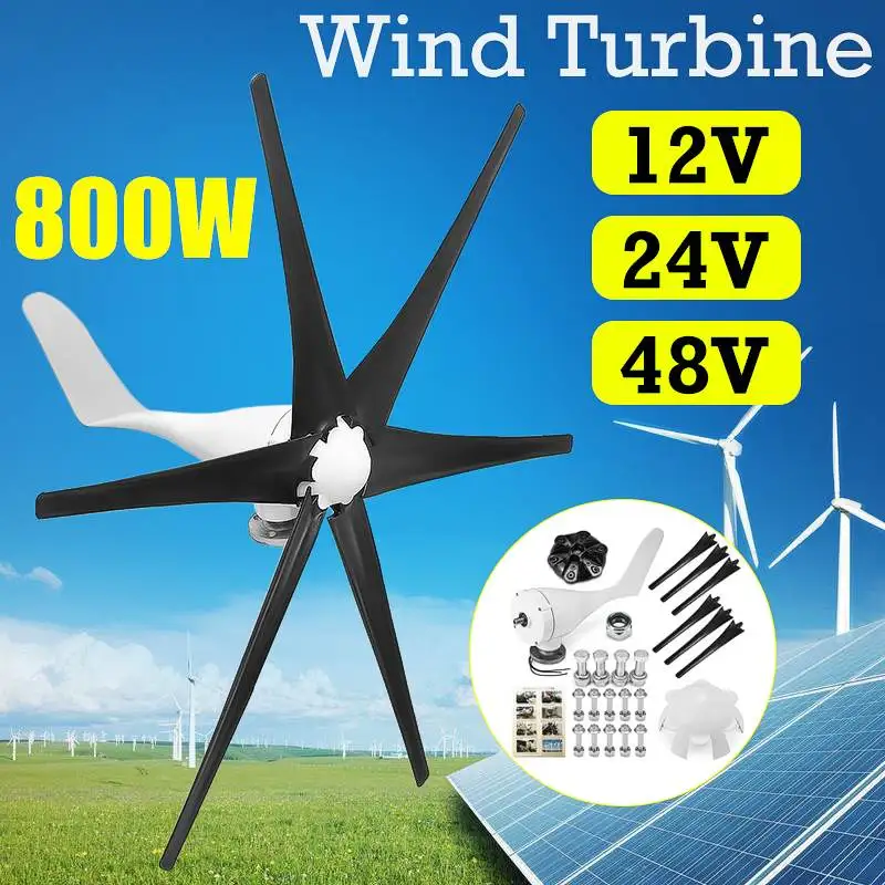 

800W 12V 24 V 48 Volt 6 Black Nylon Fiber Blade Horizontal Wind Turbines Wind Generator Power Windmill Energy Turbines Charge