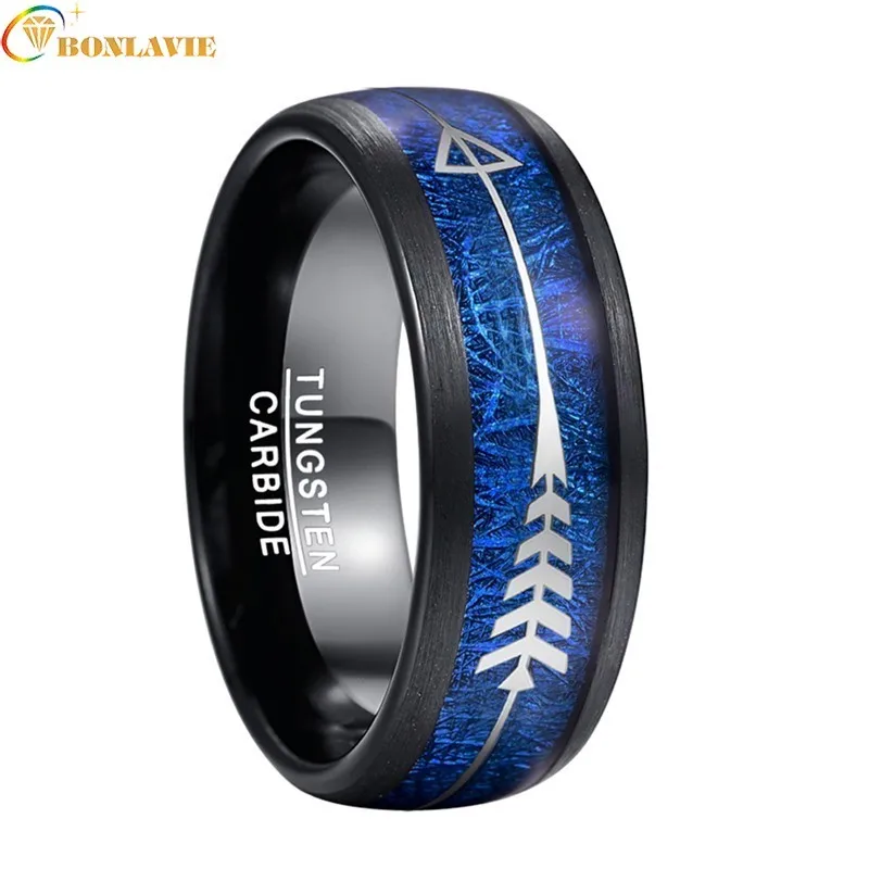 

Hot Sale 2019 Men's Wedding Ring Plating Black Inlay Blue Imitation Aerolite Tungsten Steel Ring Silver Arrow Men Ring Jewelry