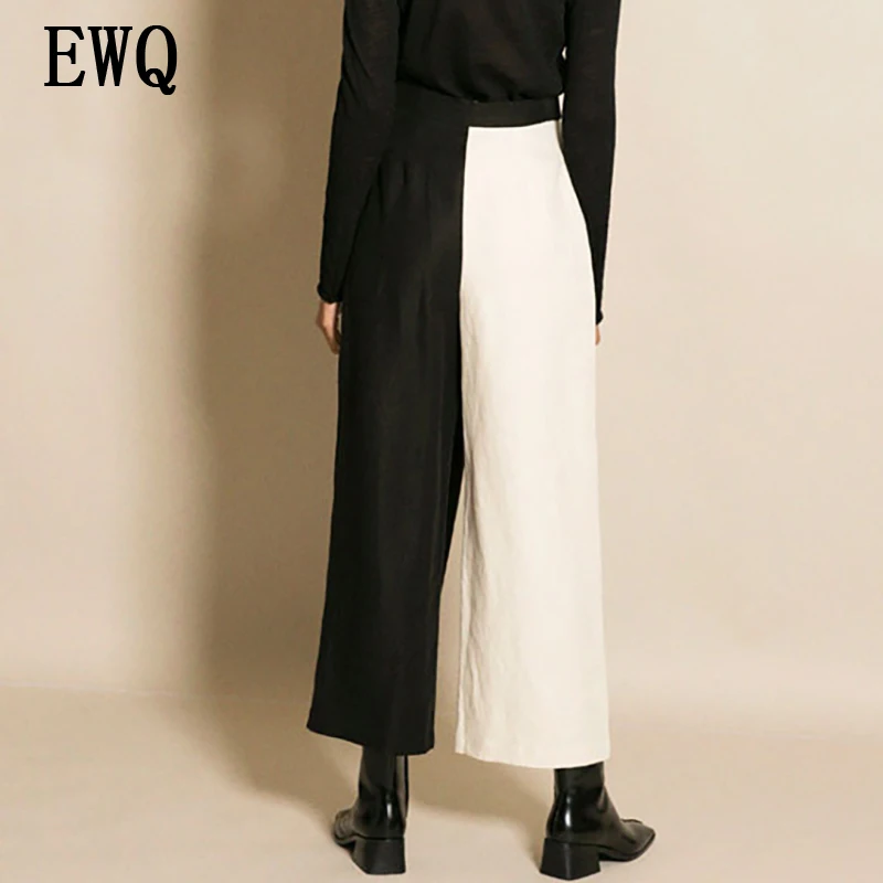 

[EWQ] New Summer Autumn 2019 Fashion contrast color asymmetry loose Split joint ankle-length wide leg pants women tide QE236