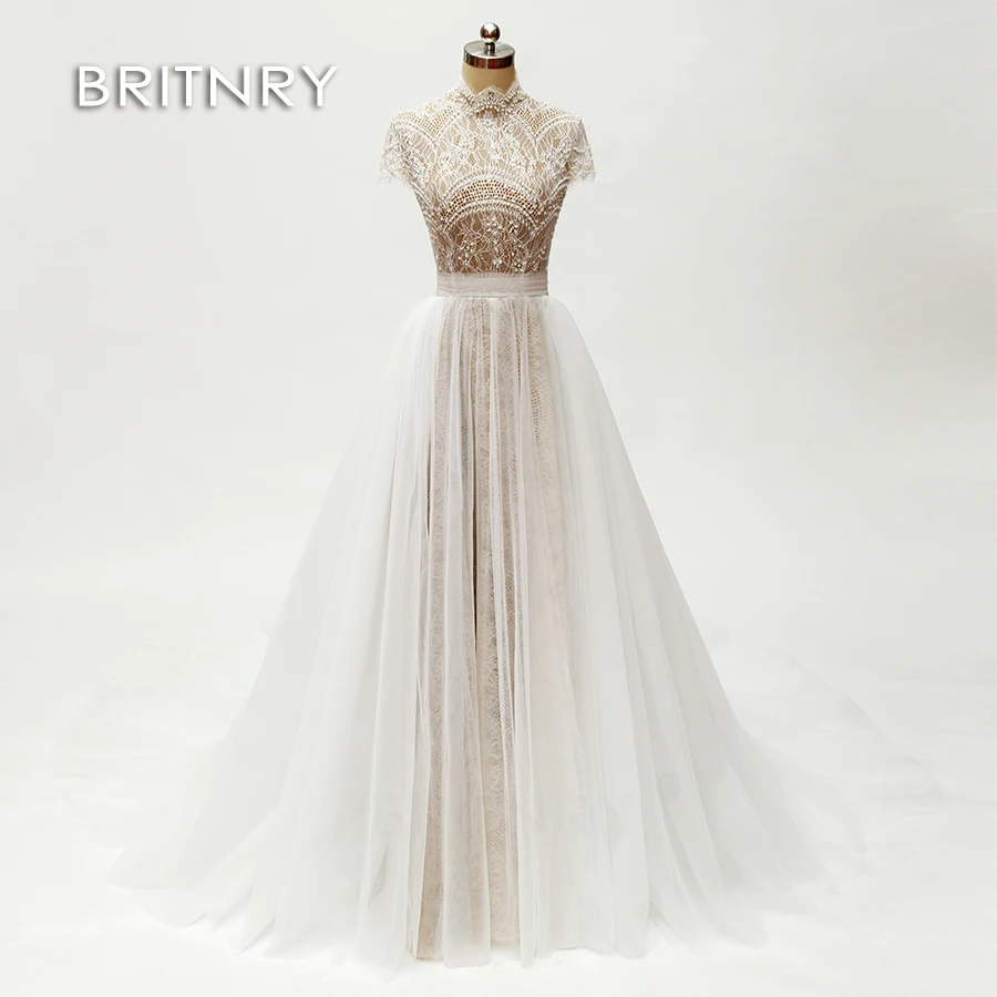 

BRITNRY Princess Vintage Wedding Dress 2019 New High Neck beaded Lace Tulle Beach Boho Wedding Gown Custom made Bride Dresses
