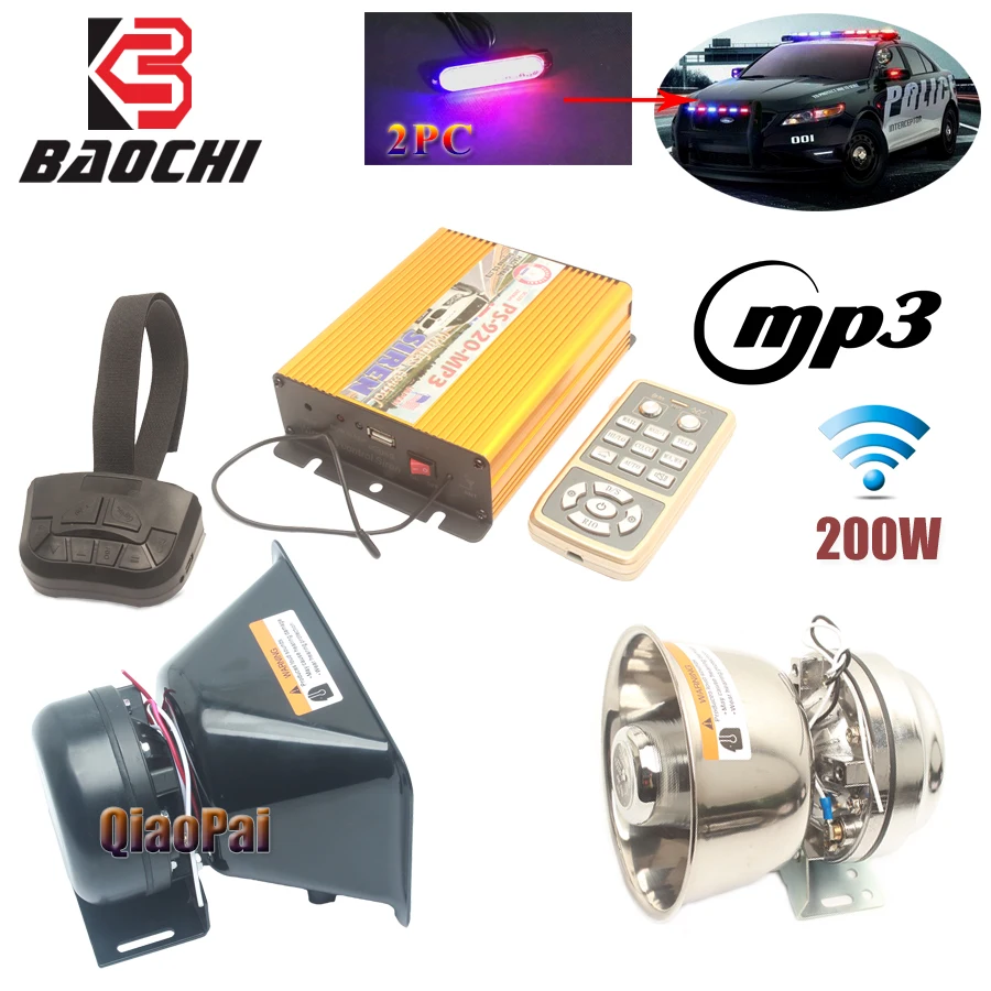 

Wireless Car Alarm Horn Police Siren 200W USB MP3 Alarm Horn Speaker Rmegaphone 12 Tone Warning Sound MIC Pa System Flash Light