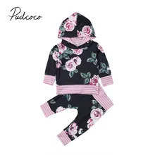 Новинка года; От 0 до 3 лет комплекты осенней одежды для маленьких девочек и мальчиков пуловер с длинными рукавами и цветочным принтом; толстовка с капюшоном+ брюки