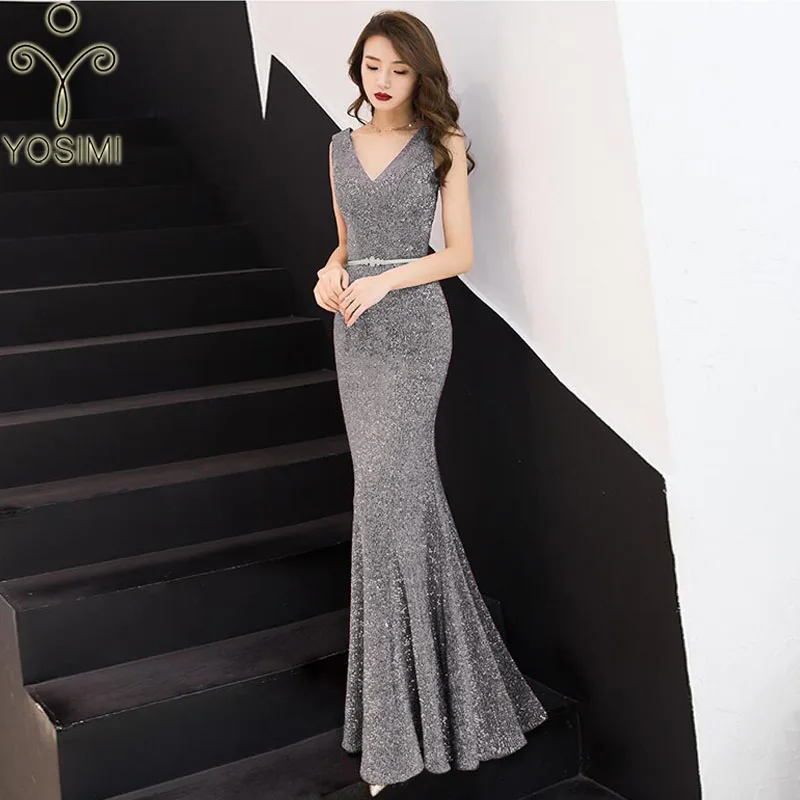 

YOSIMI 2019 Summer Evening Party Dress Mermaid Shining V-neck Sleeveless Elegant Maxi Long Noble Slim Trumpet Women Dress Silver