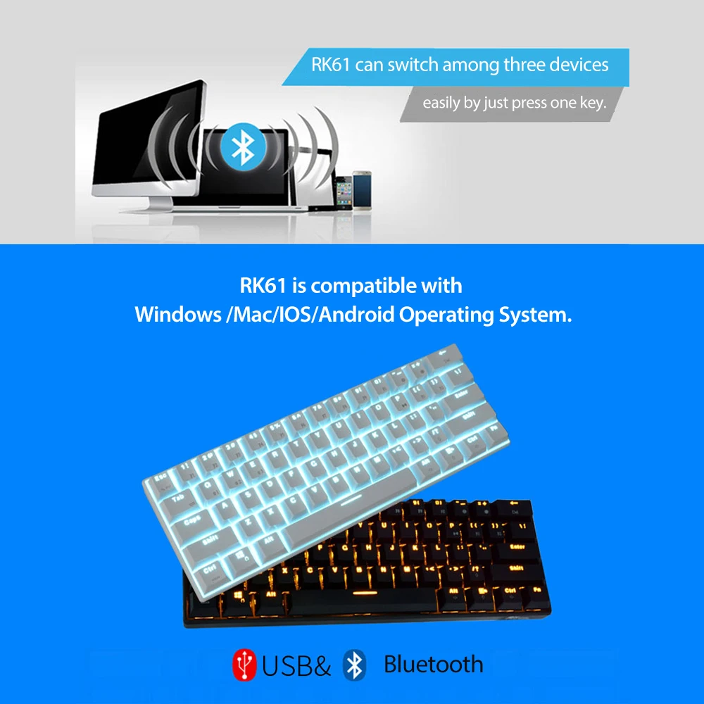 RK61 Проводная Беспроводная Механическая игровая клавиатура 61 Ключ Bluetooth 3 0