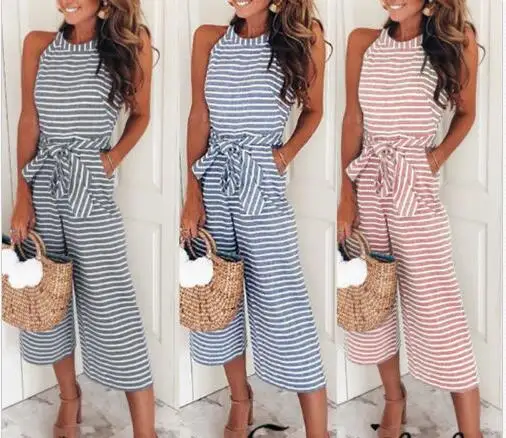 

Ladies Women Clubwear Pants Summer Playsuit Bodycon Party Jumpsuit Romper Trousers Sleeveless Striped High Waisted Pants Summer